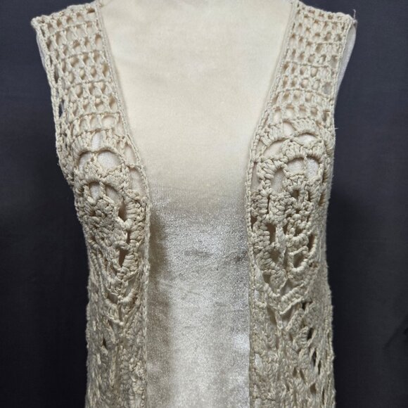 Y2K Long Crochet Duster Cardigan Fringed Vest Size M Boho Festival Fairy - Picture 3 of 11